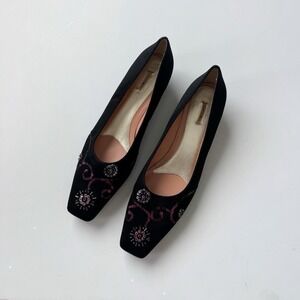Y2K Square Toe Kitten Heels 10 Black Beaded Sequin Kitten Formal Chic Max Studio